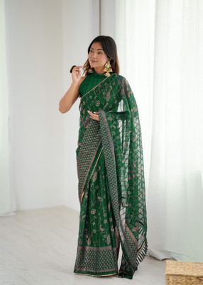 AVANTIKA FASHION Printed Kanjivaram Pure Silk, Art Silk Saree(Green)
