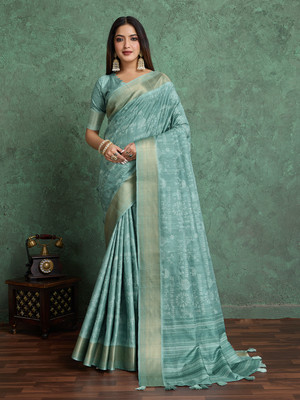 RekhaManiyar Printed Saree with Attached Blouse Silk Blend Saree(Green)