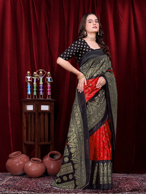 Kanooda Prints Printed Mysore Art Silk Saree(Black, Red)