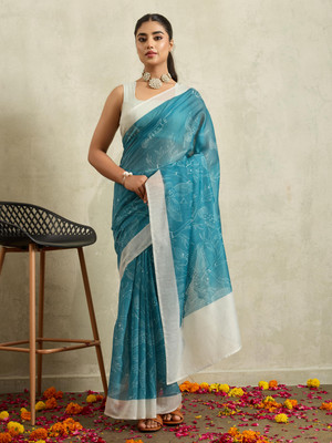 Rachna Floral Print Bollywood Cotton Blend Saree(Blue)