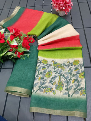 PRTRENDZ Printed Kanjivaram Linen, Cotton Linen Saree(Green)