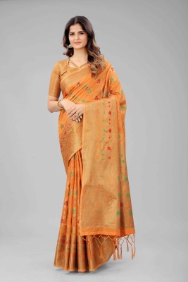 JAYDEEP ENTERPRISE Self Design, Embellished, Woven Kanjivaram Jacquard, Cotton Silk Saree(Orange)