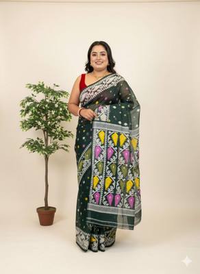 TUYA Woven Jamdani Cotton Silk Saree(Pack of 2, Black, White)
