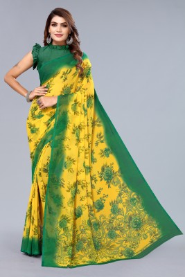 Madhur milan Floral Print Daily Wear Georgette Saree(Green, Yellow)