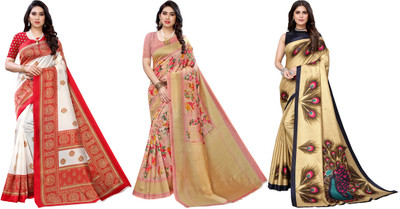 Nirvaan Printed Kalamkari Art Silk Saree(Pack of 3, Multicolor)