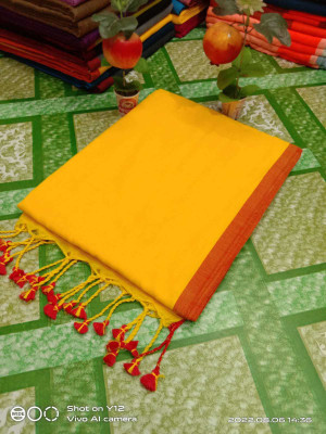 GOURAB HANDLOOM Self Design Handloom Cotton Blend Saree(Yellow)