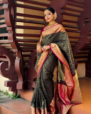 MIRMAN Striped Banarasi Pure Silk Saree(Black)