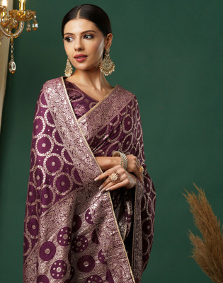 Samah Embellished Banarasi Cotton Silk Saree(Purple, Gold)