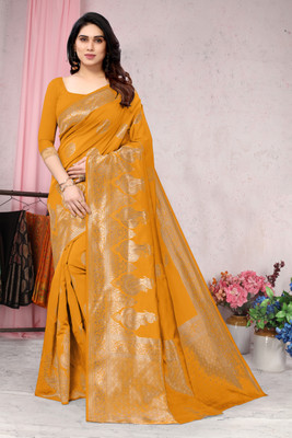 MIRCHI FASHION Woven, Embellished Banarasi Silk Blend Saree(Gold, Mustard)