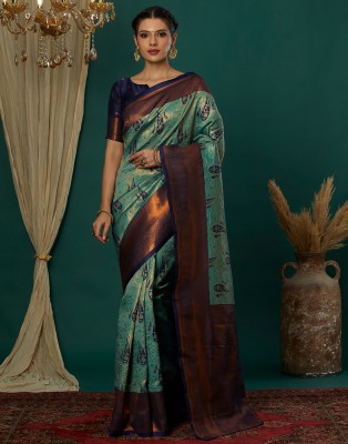 Samah Woven, Embellished Kanjivaram Silk Blend, Jacquard Saree(Green, Blue)