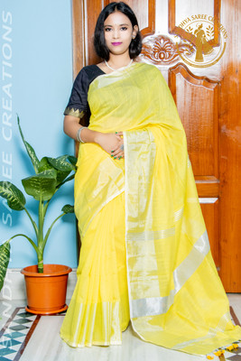 Sandhya Saree Creations Woven Saree with Attached Blouse Cotton Silk Saree(Yellow)