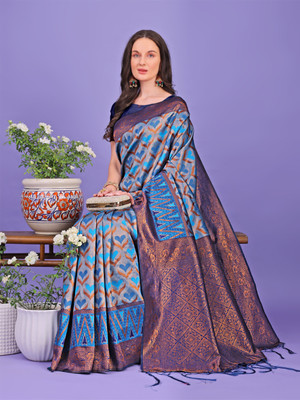 Tasrika Woven Banarasi Cotton Silk Saree(Grey, Blue)