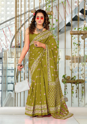 Divastri Blocked Printed, Printed Chanderi Cotton Blend Saree(Light Green)