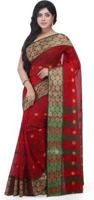 crochetin Woven Tant Pure Cotton Saree(Red, Gold, Green)