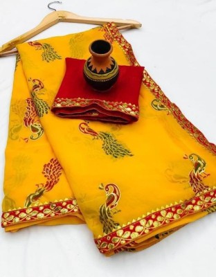 AARTI PRINTS Checkered Patola Georgette, Chiffon Saree(Yellow)