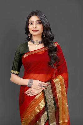 Aarunika LGF Solid/Plain Bollywood Organza Saree(Red, Black)