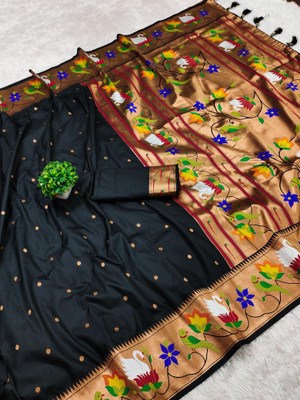 PANZORA Woven Paithani Cotton Silk Saree(Black)