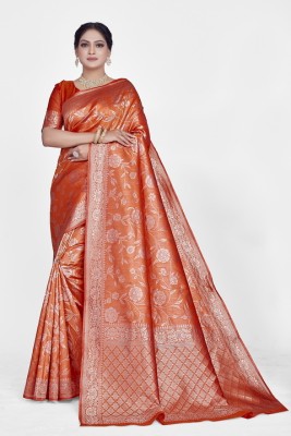 Aformi Woven Banarasi Silk Blend Saree(Orange)