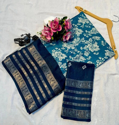 BilloRani Floral Print, Printed Bollywood Silk Blend, Art Silk Saree(Blue)