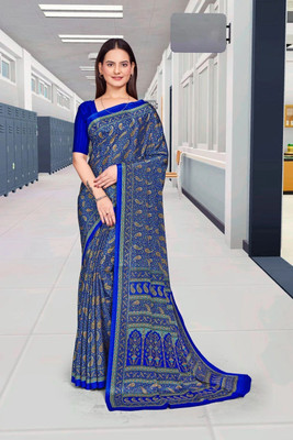 Feminista Printed, Solid/Plain Daily Wear Crepe Saree(Blue)