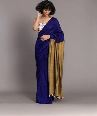 DHRITI Solid/Plain Handloom Cotton Blend Saree(Blue)