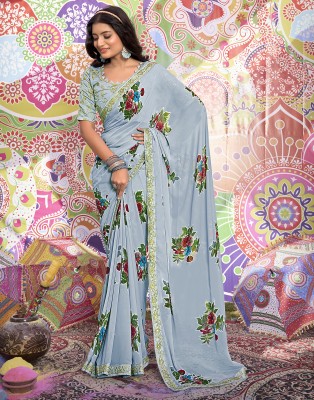 Samah Floral Print, Printed, Embellished Bollywood Chiffon, Georgette Saree(Grey, Multicolor)