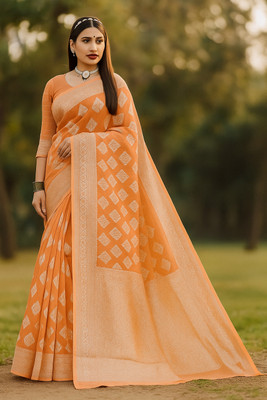 Saadhvi Woven Banarasi Cotton Blend Saree(Orange)