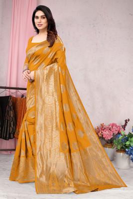MIRCHI FASHION Woven, Embellished Banarasi Silk Blend Saree(Gold, Mustard)