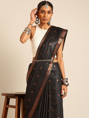 Taavi Self Design Bollywood Silk Blend Saree(Black)