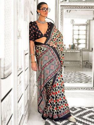 ANOUK Printed Hand Batik Crepe Saree(Light Green)