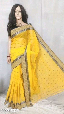 BiswasTextiles Polka Print Tant Pure Cotton Saree(Yellow)