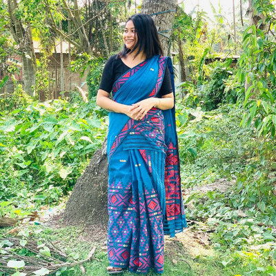 S P CREATION Woven Mekhela Chador Cotton Blend Saree(Blue)