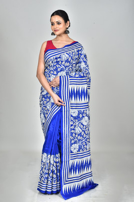 Ramshyam Collection Printed Kantha Pure Silk Saree(Blue)