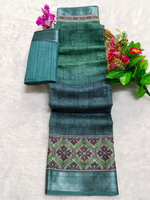 HangerStories Woven Kanjivaram Pure Cotton, Cotton Linen Saree(Dark Green)