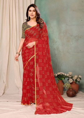 Prutha Fashions Embellished, Printed Bollywood Chiffon Saree(Red)