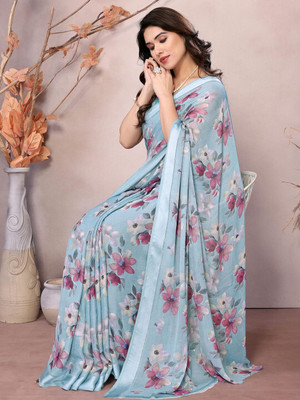 ANOUK Printed Saree with Attached Blouse Chiffon Saree(Blue)