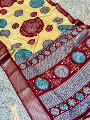 siddharth textiles Printed, Woven, Floral Print, Polka Print Bandhani Cotton Silk Saree(Yellow)