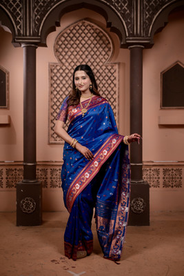 LeeliPeeri Designer Printed Paithani Cotton Silk Saree(Blue)