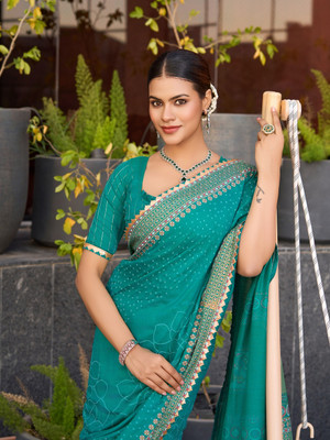 SUDIPTA Printed, Woven Bandhani Cotton Silk Saree(Green)