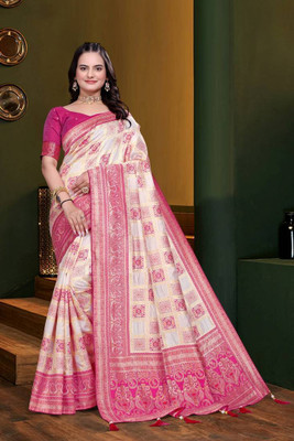 A To Z Cart Printed Banarasi Jacquard Saree(Beige, Pink)