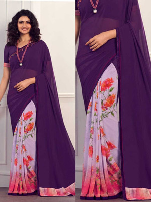 MEETVIN COUTURE Printed, Self Design, Digital Print, Embroidered, Floral Print, Solid/Plain Daily Wear Georgette, Chiffon Saree(Purple)