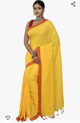 Maku Solid/Plain Handloom Pure Cotton Saree(Yellow)