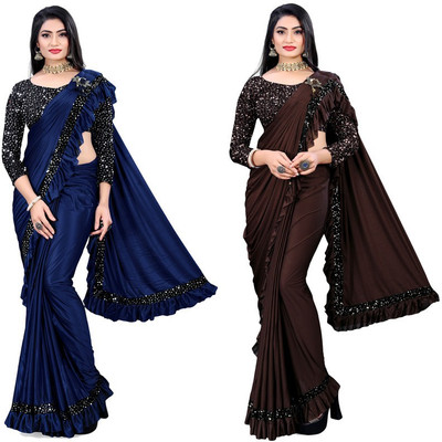 HARIOM FASHION Woven, Embellished, Solid/Plain Bollywood Lycra Blend Saree(Pack of 2, Multicolor)