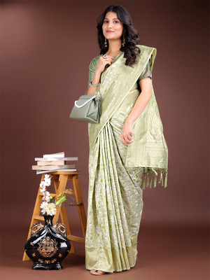 Tasrika Woven Banarasi Cotton Linen Saree(Green)
