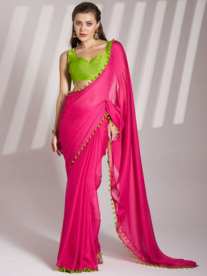 Vichitra Solid/Plain Bollywood Chiffon Saree(Pink)