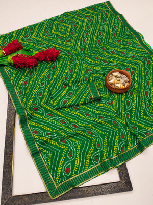 Kanooda Prints Printed Bandhani Georgette Saree(Green)