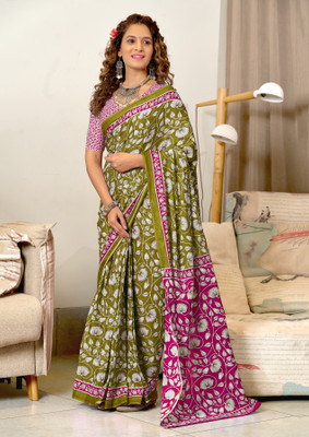 RADHA LAKSHMI Printed Ikkat Pure Cotton Saree(Light Green)