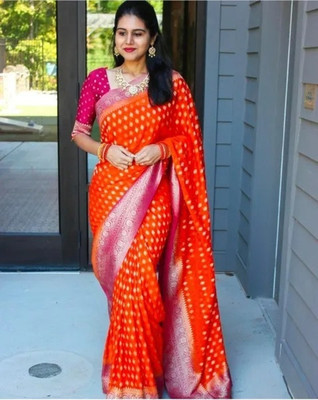 Julee Self Design Banarasi Pure Silk Saree(Orange)