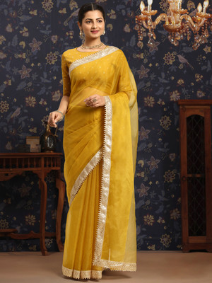 House of Pataudi Woven Daily Wear Organza Saree(Mustard)