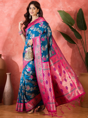 Sangria Self Design Saree with Attached Blouse Silk Blend Saree(Light Blue)
